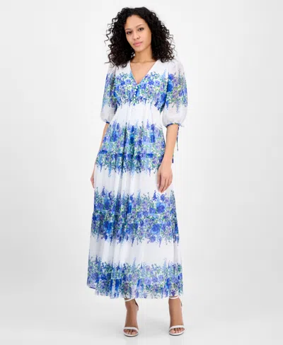Taylor Women's Printed V-neck Smocked-waist Dress In Bluewister