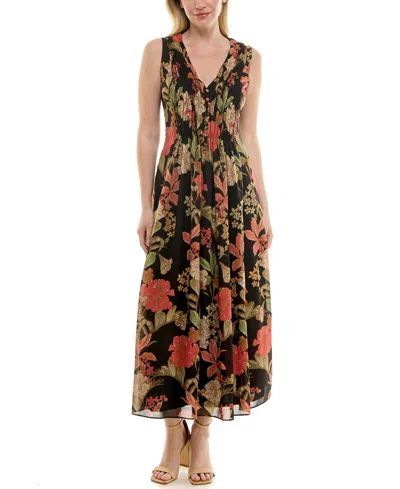 Taylor Women's Printed V-neck Smocked-waist Sleeveless Dress