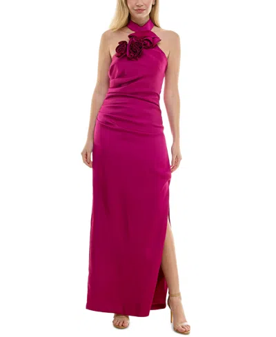 Taylor Women's Rosette-trim Halter Ruched Side-slit Gown In Magenta