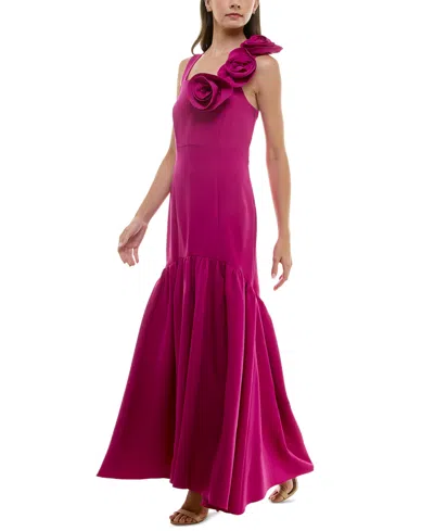Taylor Women's Rosette-trim Square-neck Flounce-hem Gown In Magenta