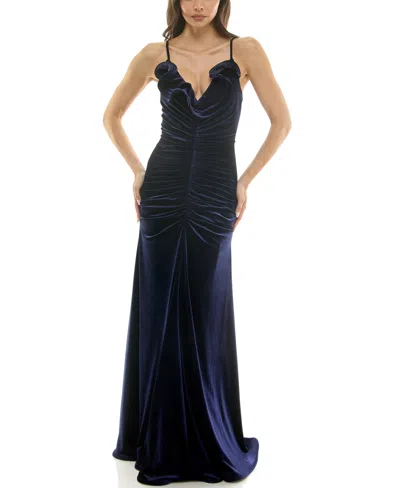 Taylor Women's Ruched Velvet Ruffle V-neck Dress In Blue