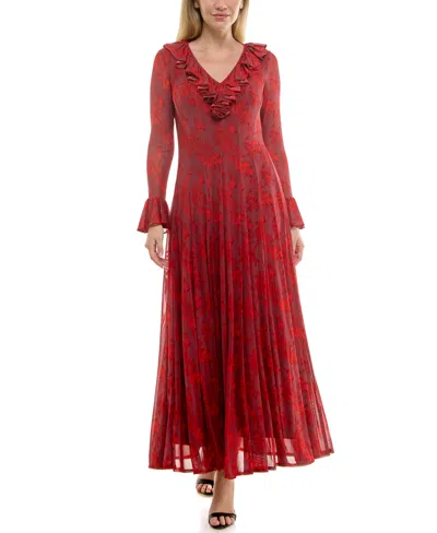 Taylor Women's Ruffle V-neck Fit And Flare Mesh Dress In Red