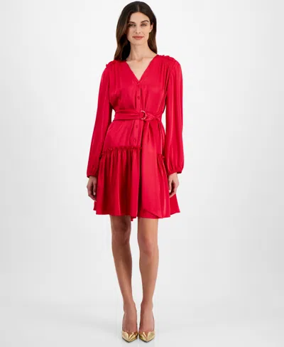 Taylor Women's Ruffled-hem Tie-waist Fit & Flare Dress In Bright Rose