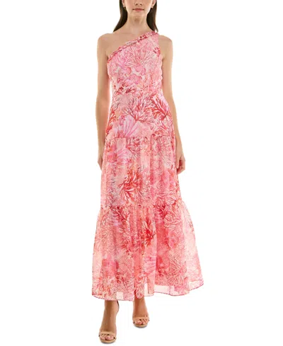Taylor Women's Ruffled One-shoulder Chiffon Maxi Dress In Cream,red Sea