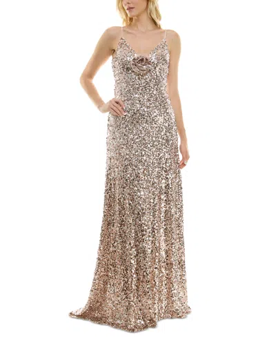 Taylor Women's Sequin Embellished Rosette Sleeveless Gown In Rose Gold