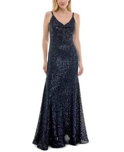Taylor Women's Sequined Bow-trim V-neck Sleeveless Gown In Navy