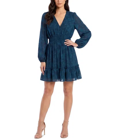 Taylor Women's Short Chiffon Burnout V-neck Long-sleeve Ruffle Hem Dress In Blue Lagoon