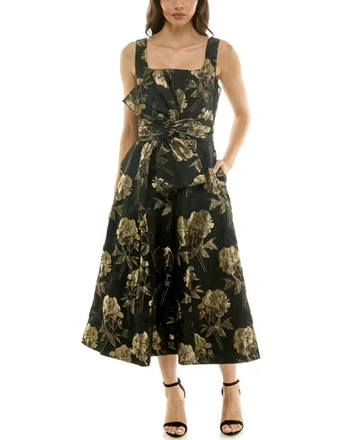 Taylor Women's Square Neck Jacquard Midi Dress With Bow In Green