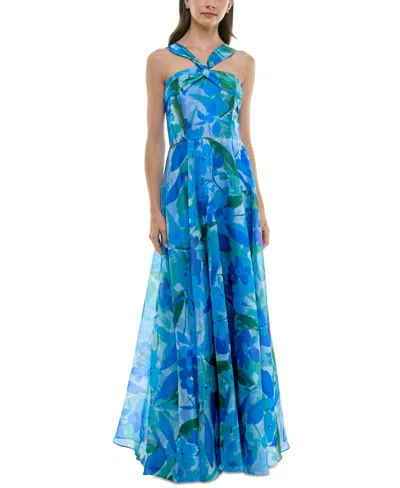 Taylor Women's Twisted Halter Printed Sleeveless Gown In Sapphire Blue