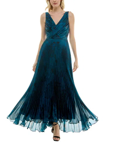 Taylor Women's V-neck Sleeveless Pleat-skirt Chiffon Gown In Blue