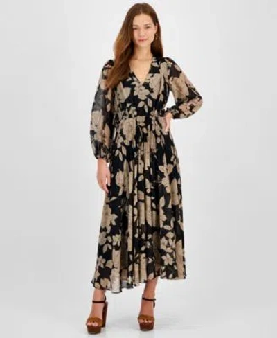 Taylor Womens Floral Chiffon V Neck Pleated Dress In Black