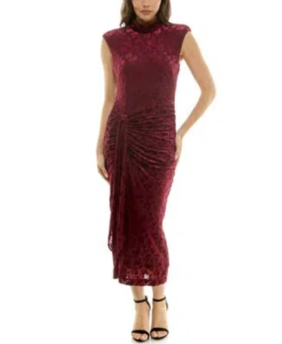 Taylor Womens Shirred Mock Neck Midi Dress In Burgundy