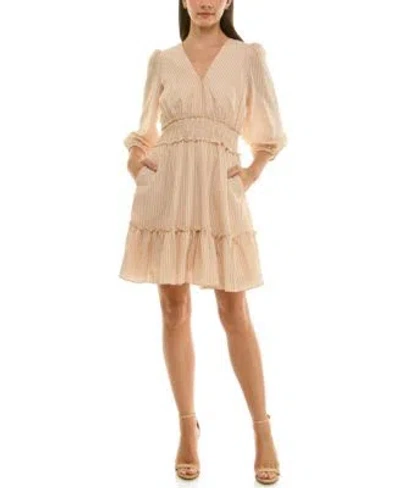 Taylor Womens Striped Smocked Waist Pull On Midi Dress In Neutral