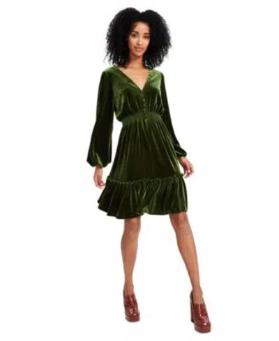 Taylor Womens V Neck Smocked Waist Long Sleeve Velvet Dress In Green