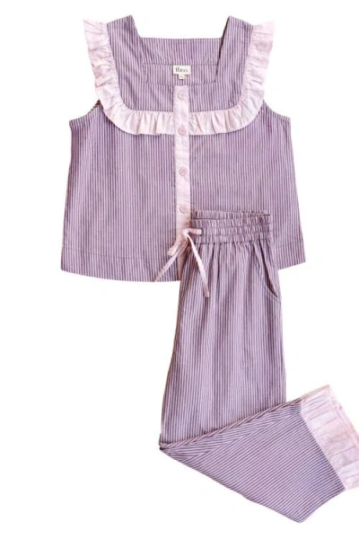 Tbco Cotton Ruffle Cropped Pajamas In Burgundy Stripe Ruffle