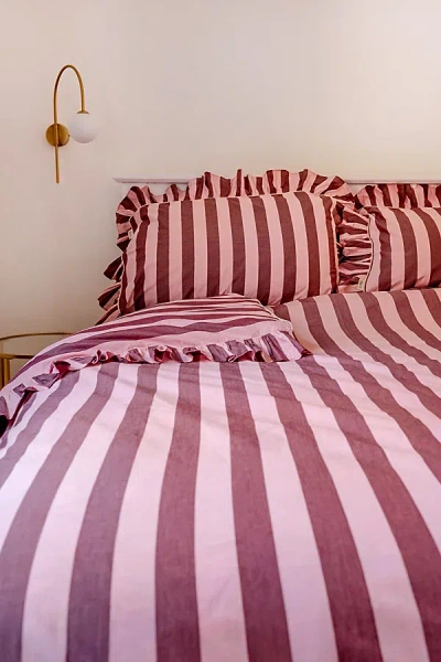 Tbco Cotton Ruffle Duvet Bedding Set In Pink/burgundy Stripe At Urban Outfitters