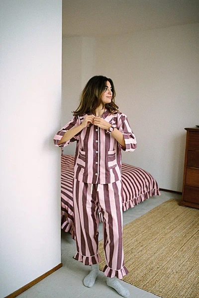 Tbco Cotton Ruffled Cropped Leg Pajama Set Top In Pink/burgundy Stripe, Women's At Urban Outfitters