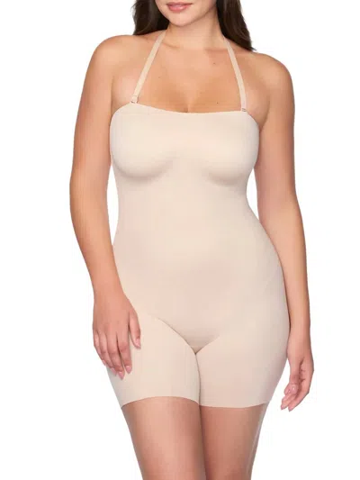 Tc Fine Intimates Dress Rehearsal Strapless Mid-thigh Shaping Bodysuit In Beige In White