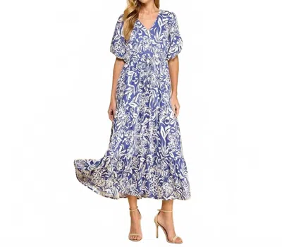 Tcec Abstract Floral Print Waist Tie Midi Dress In Blue