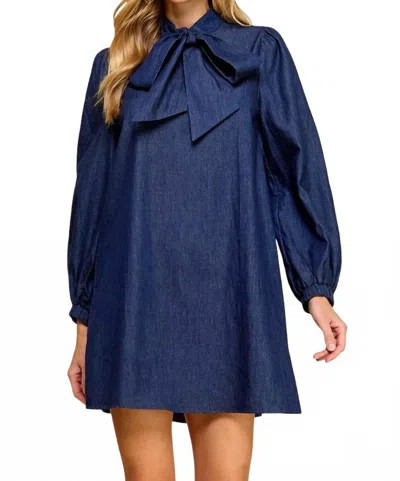 Tcec Bow Tie Denim Mini Dress In Dark Denim In Blue