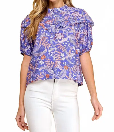 Tcec Button Up Floral Ruffle Blouse In Purple