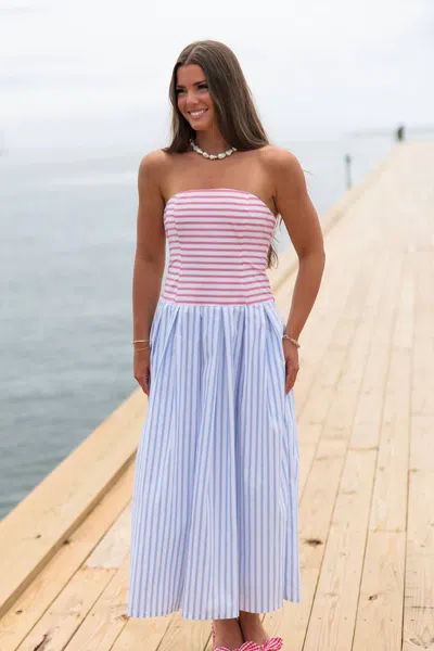 Tcec Coastal Stripe Strapless Midi Dress In Blue