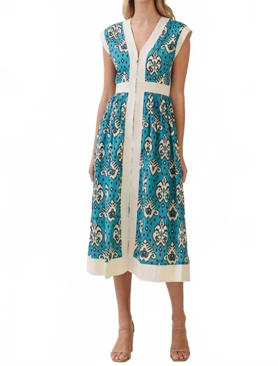 Tcec Contrast Trim Printed Zip Front Midi Dress In Teal In Multi