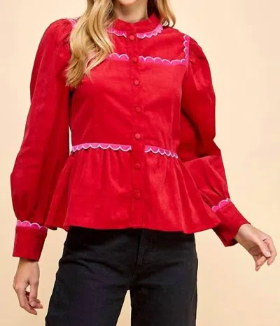 Tcec Corduroy Scallop Detail Button Up Top In Red