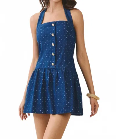 Tcec Denim Polka Dot Back Smocked Halter Mini Dress In Blue