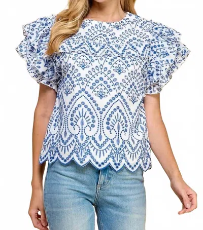 Tcec Embroidered Eyelet Ruffle Sleeves Top In Blue