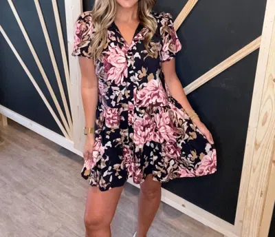 Tcec Floral High Neck Dress In Black Multi