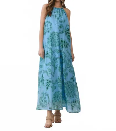 Tcec Floral High Neck Flowy Maxi Dress In Blue Print In Multi