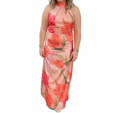 Tcec Floral High Neck Satin Midi Dress In Pink In Multi