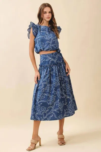 Tcec Floral Print A Line Side Tie Wrap Midi Skirt In Navy In Blue