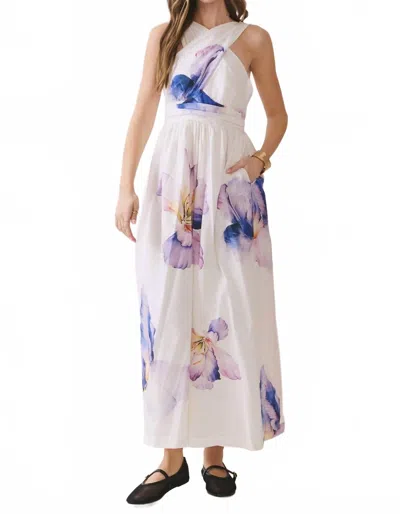 Tcec Floral Print Cross Halter Neck Midi Dress In Off White In Multi