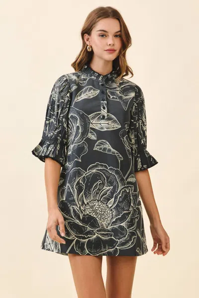 Tcec Floral Print High Neck Ruffle Trim Mini Dress In Black
