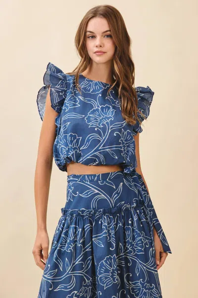 Tcec Floral Print Layered Ruffle Sleeves Crop Top In Navy In Blue