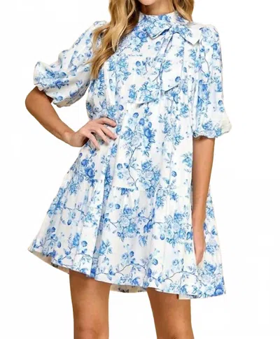 Tcec Floral Print Puffed Sleeves Accent Bow Mini Dress In Blue