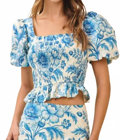 Tcec Floral Print Smocked Bodice Puff Sleeves Crop Top In Blue
