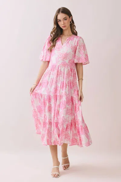 Tcec Floral Print Tiered Baby Doll Midi Dress In Pink