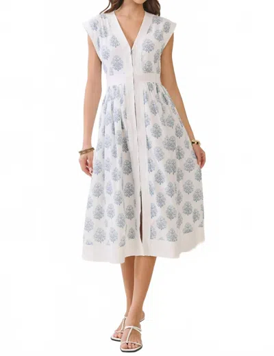 Tcec Floral Print Zipper Front Midi Dress In Blue In White