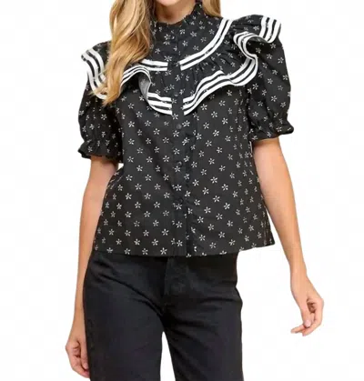 Tcec Floral Ruffle Detail Button Up Top In Black