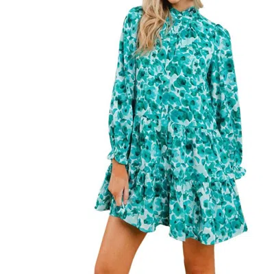 Tcec Floral Ruffle Long Sleeve Dress In Green In Blue