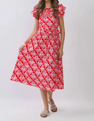 Tcec Floral Ruffle Sleeves Midi Dress In Red