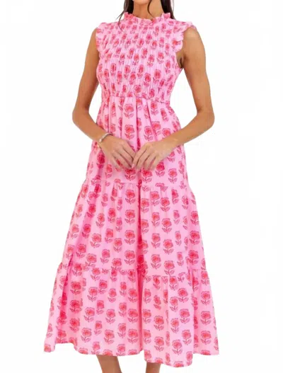 Tcec Floral Smocked Midi Dress In Red Pink