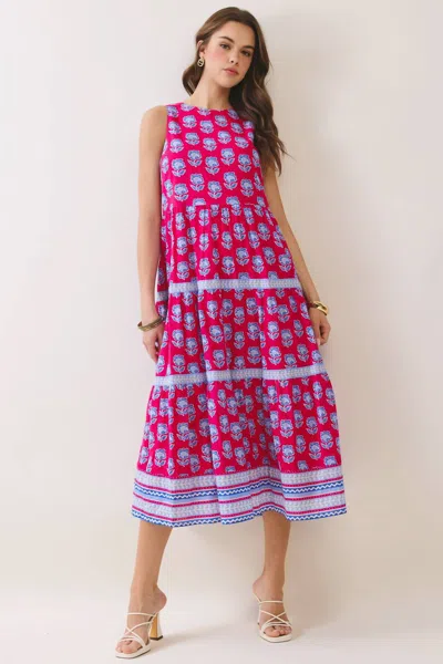 Tcec Floral Tiered Midi Dress In Magenta In Pink
