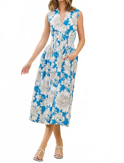 Tcec Floral Zip Up Smocked Waist Midi Dress In Blue In Black