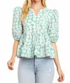 Tcec Kendra Flower V-neck Top In Green With Pink Flowers In Multi