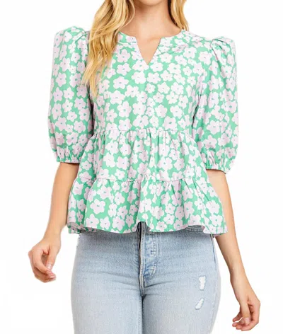Tcec Kendra Flower V-neck Top In Green With Pink Flowers In Multi