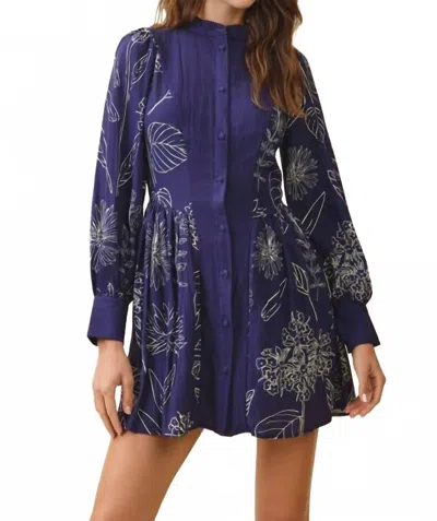 Tcec Long Sleeve Button Front Dress In Navy Botanical Print In Purple